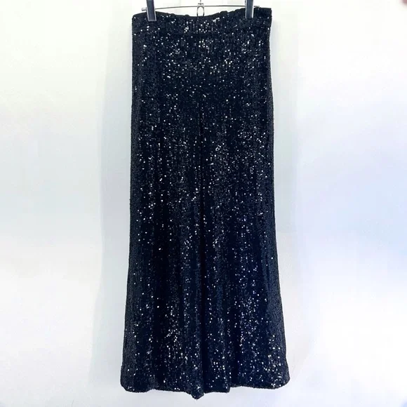 Banana Republic Black Sequin Blazer High Waisted Wide Leg Pants Set Size 6 Small
